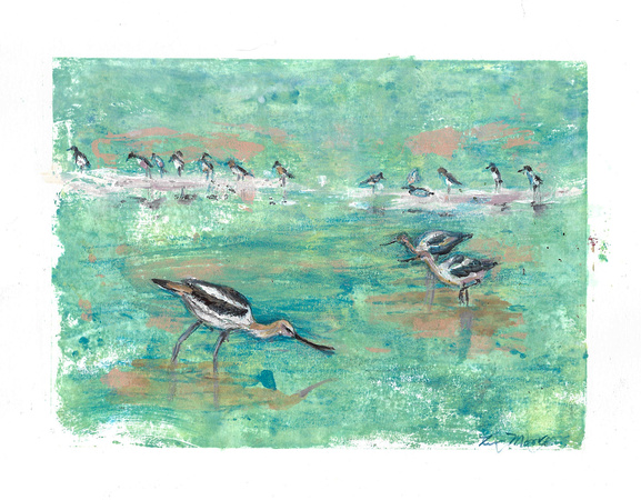Avocets on the river. Mixed media